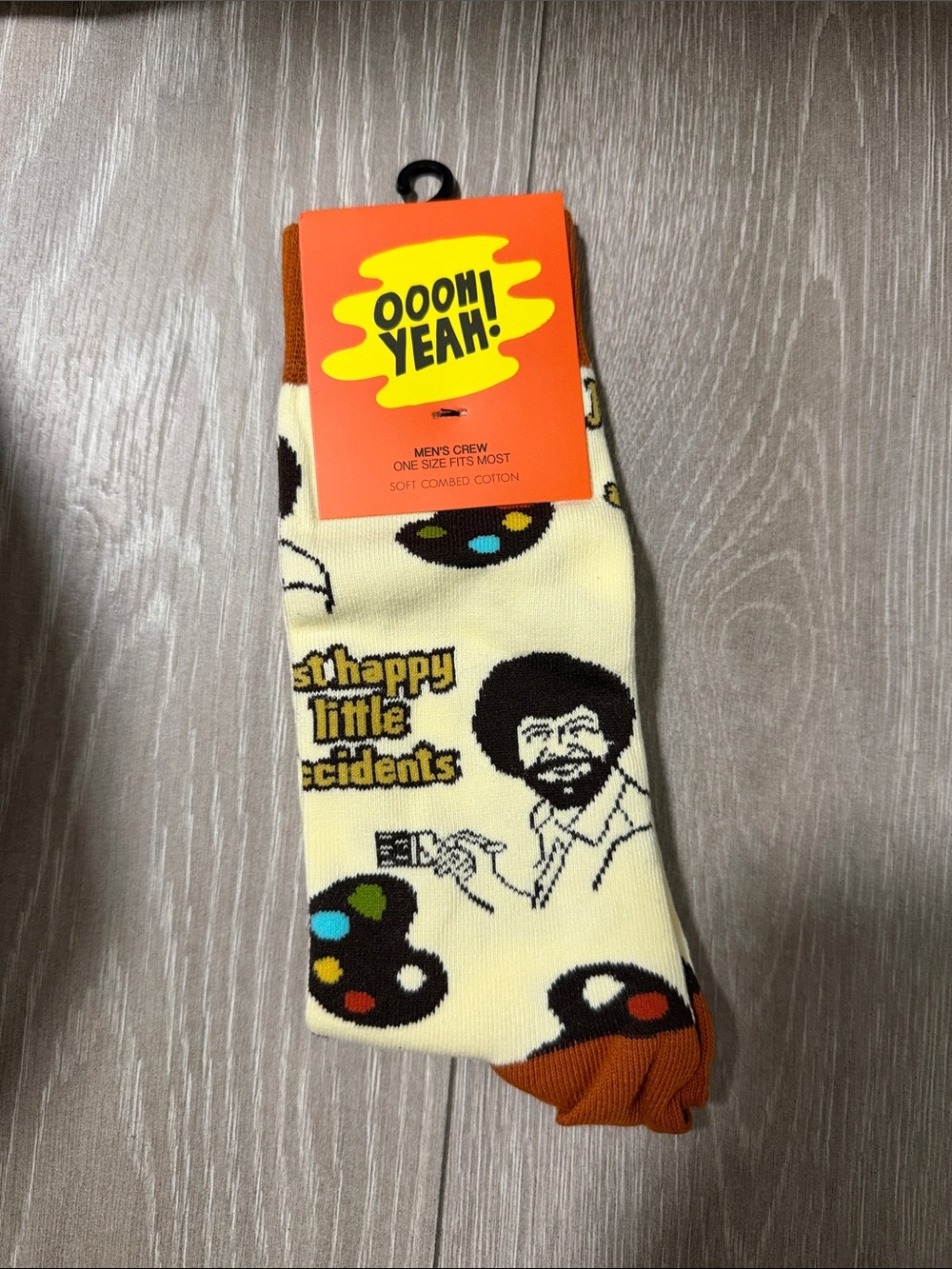 Men’s Crew Socks - Cream with Brown & Orange Accents bob ross socks
